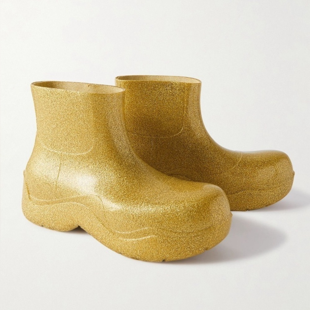 BOTTEGA VENETA Puddle Glitter Monobloc Chelsea Rubber Boots Gold Sz 39 EU/9 US
